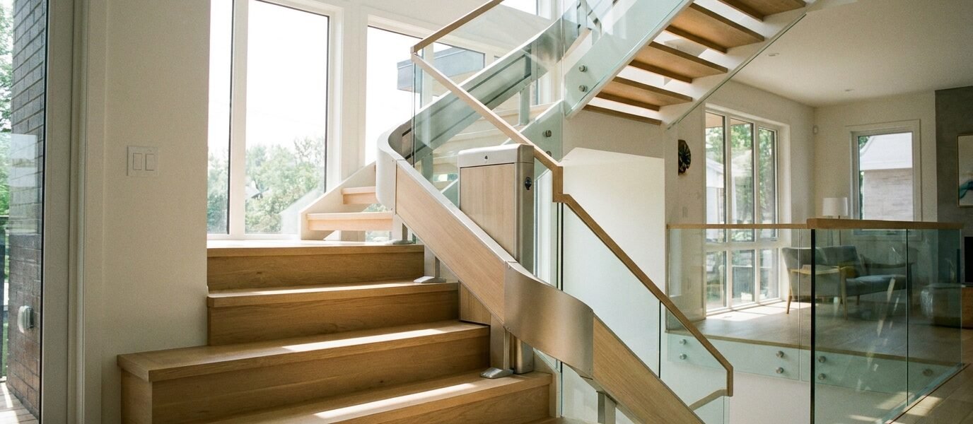 Monte-escalier moderne sur un escalier tournant, maison lumineuse