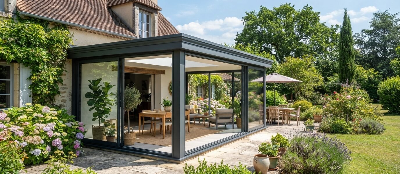 Véranda moderne en aluminium accolée à une maison, baies vitrées, jardin ensoleillé