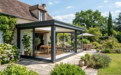 Véranda moderne en aluminium accolée à une maison, baies vitrées, jardin ensoleillé